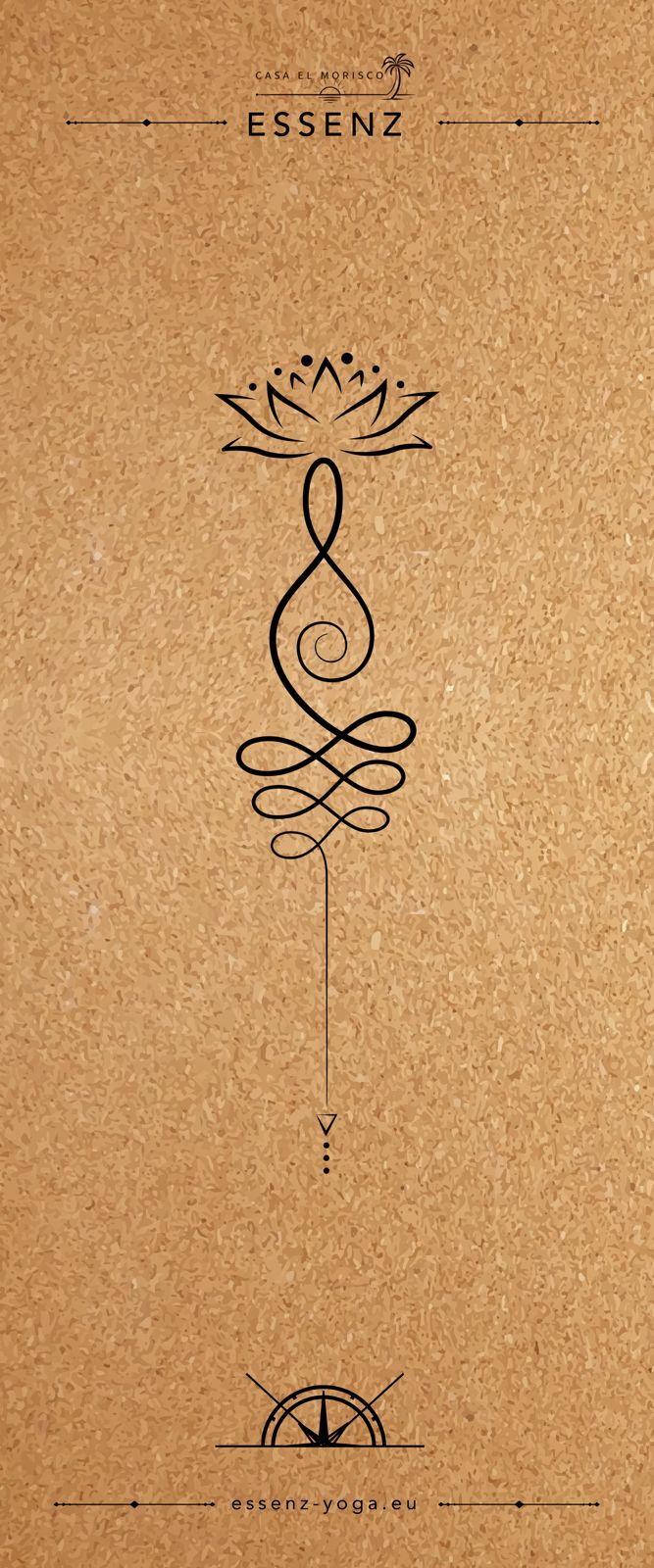 Entwurf der ESSENZ Kork-Yogamatte mit Lotus und Linienmotiv